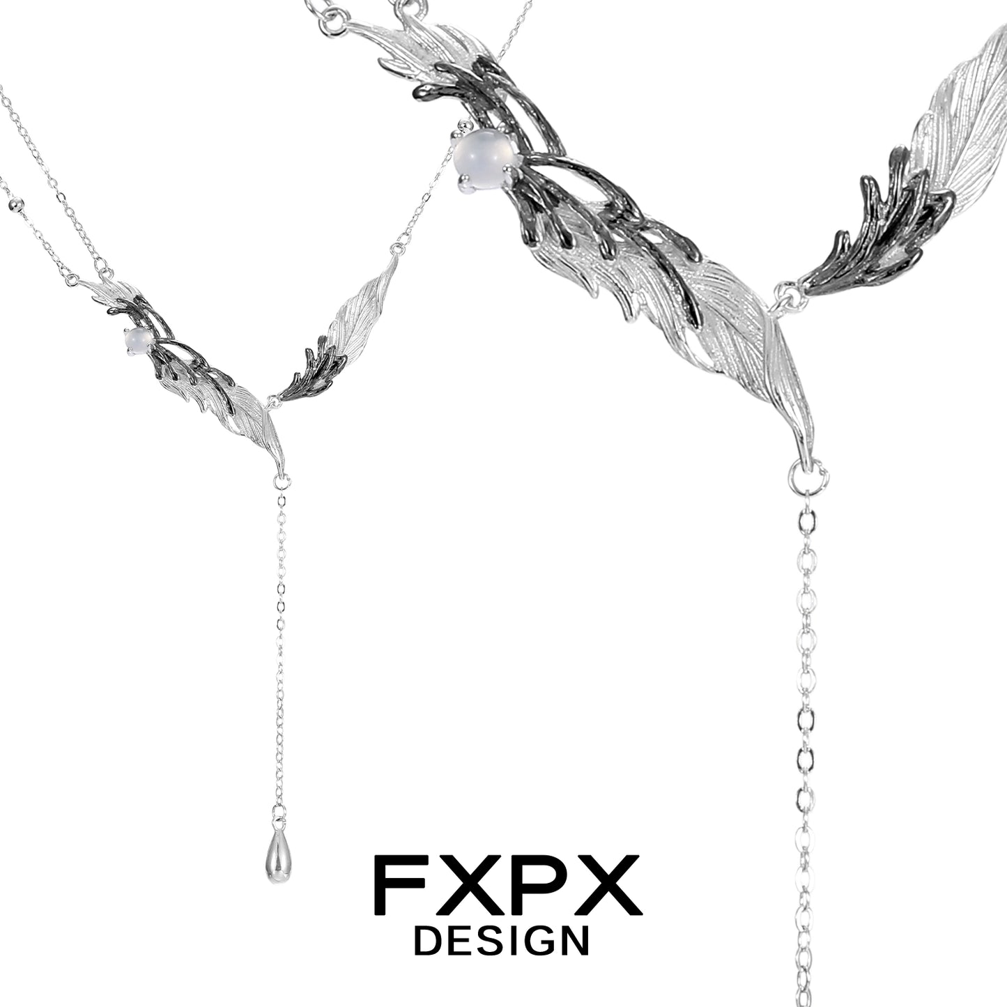 FXPX Y2K black feather necklace featuring elegant feather designs and delicate pearl accents