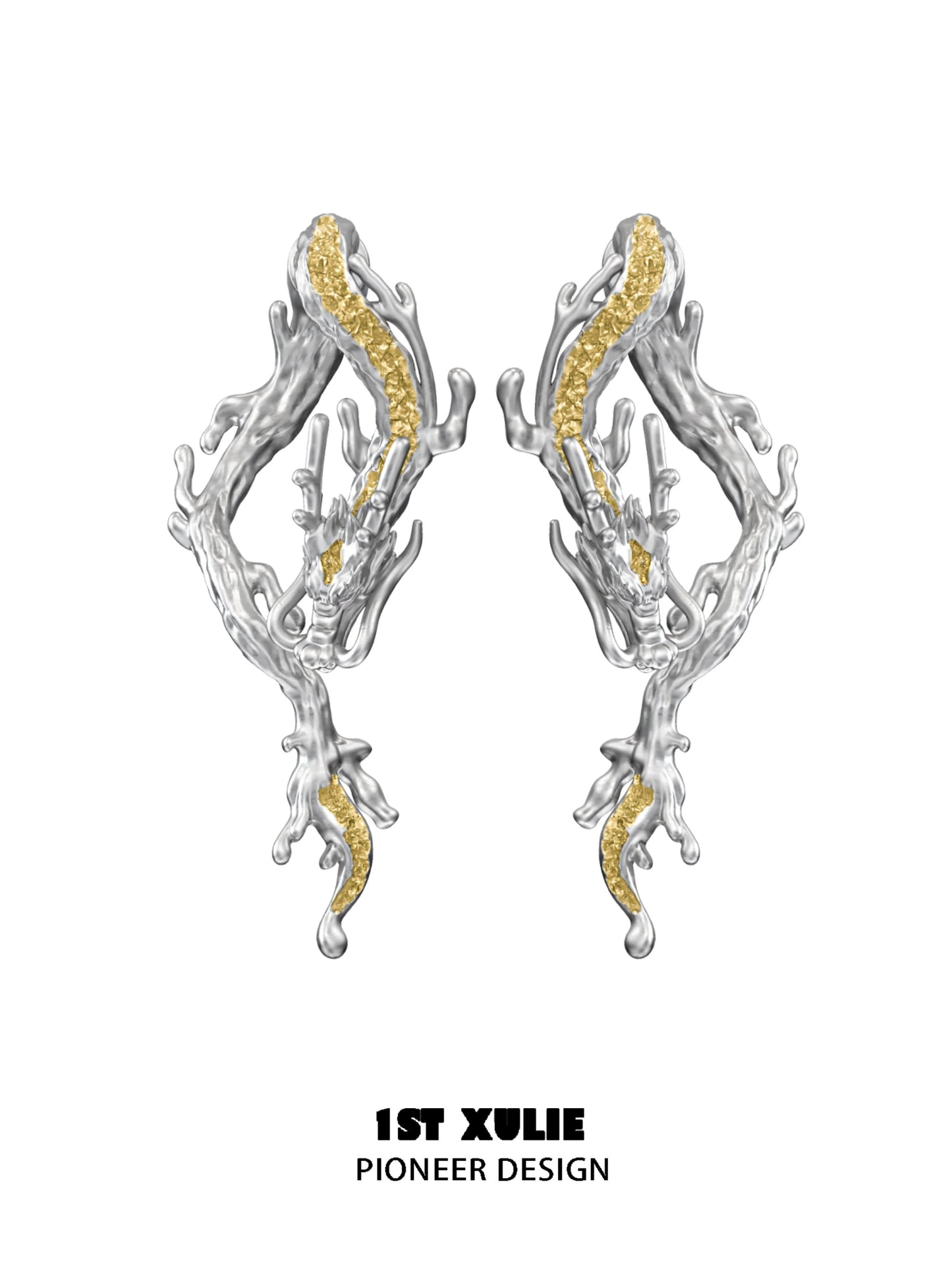 Gold dragon stud earrings with intricate design in silver and gold for unique style