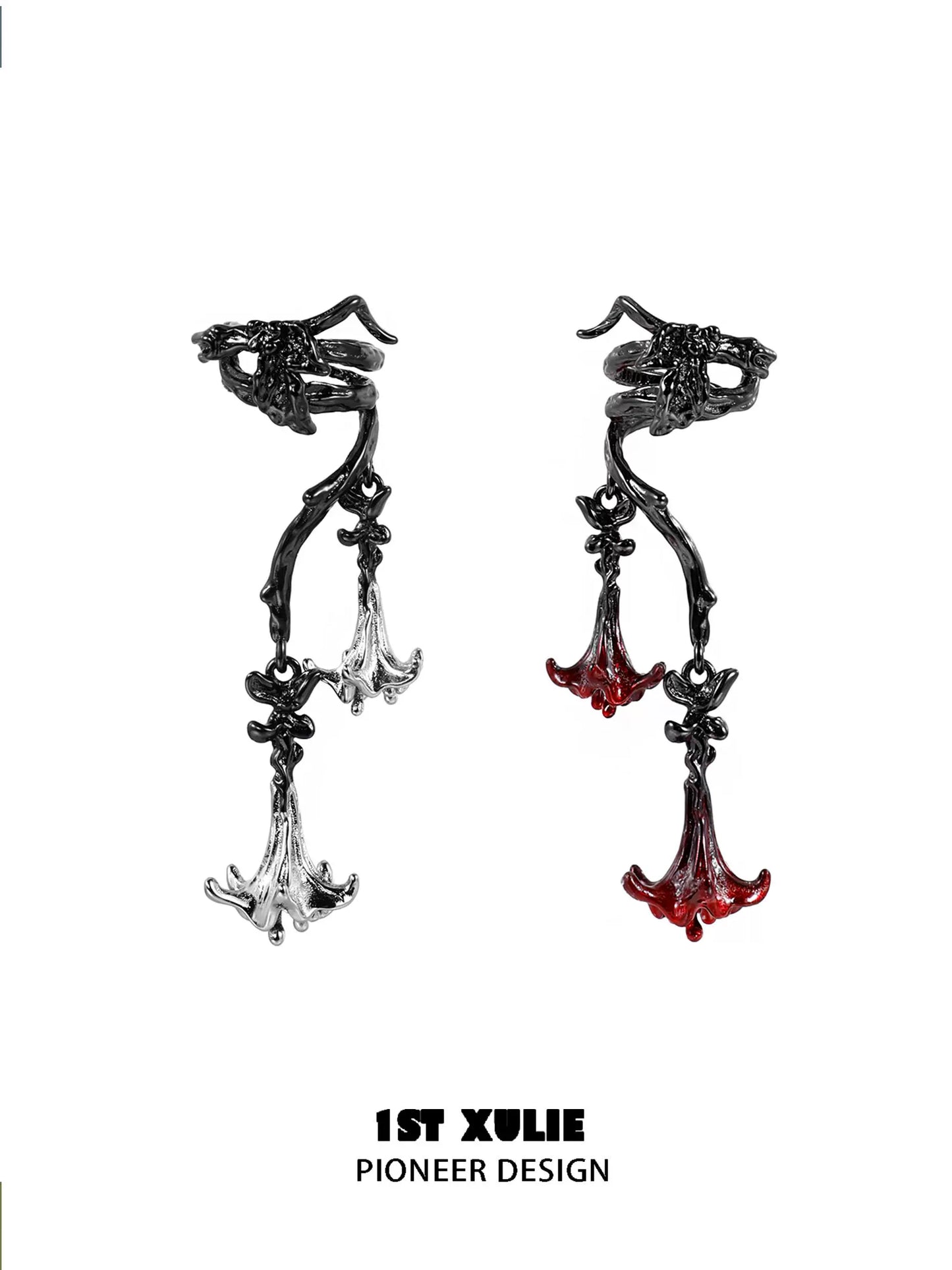 Gothic mandala ear cuffs with intricate designs and red and silver accents for a unique style