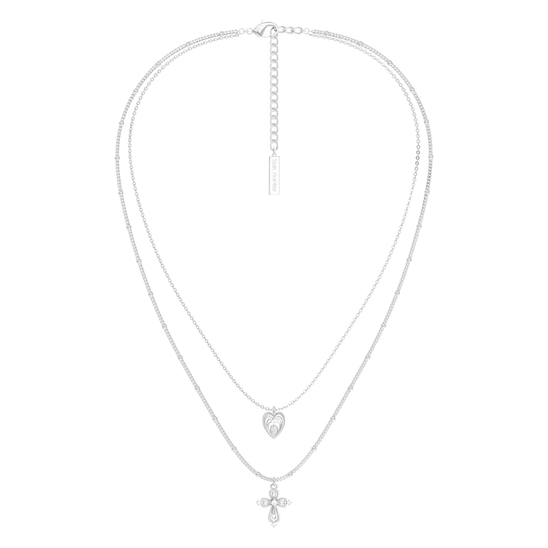 SUN HUNTER heart cross double layer necklace with delicate chains and layered charms