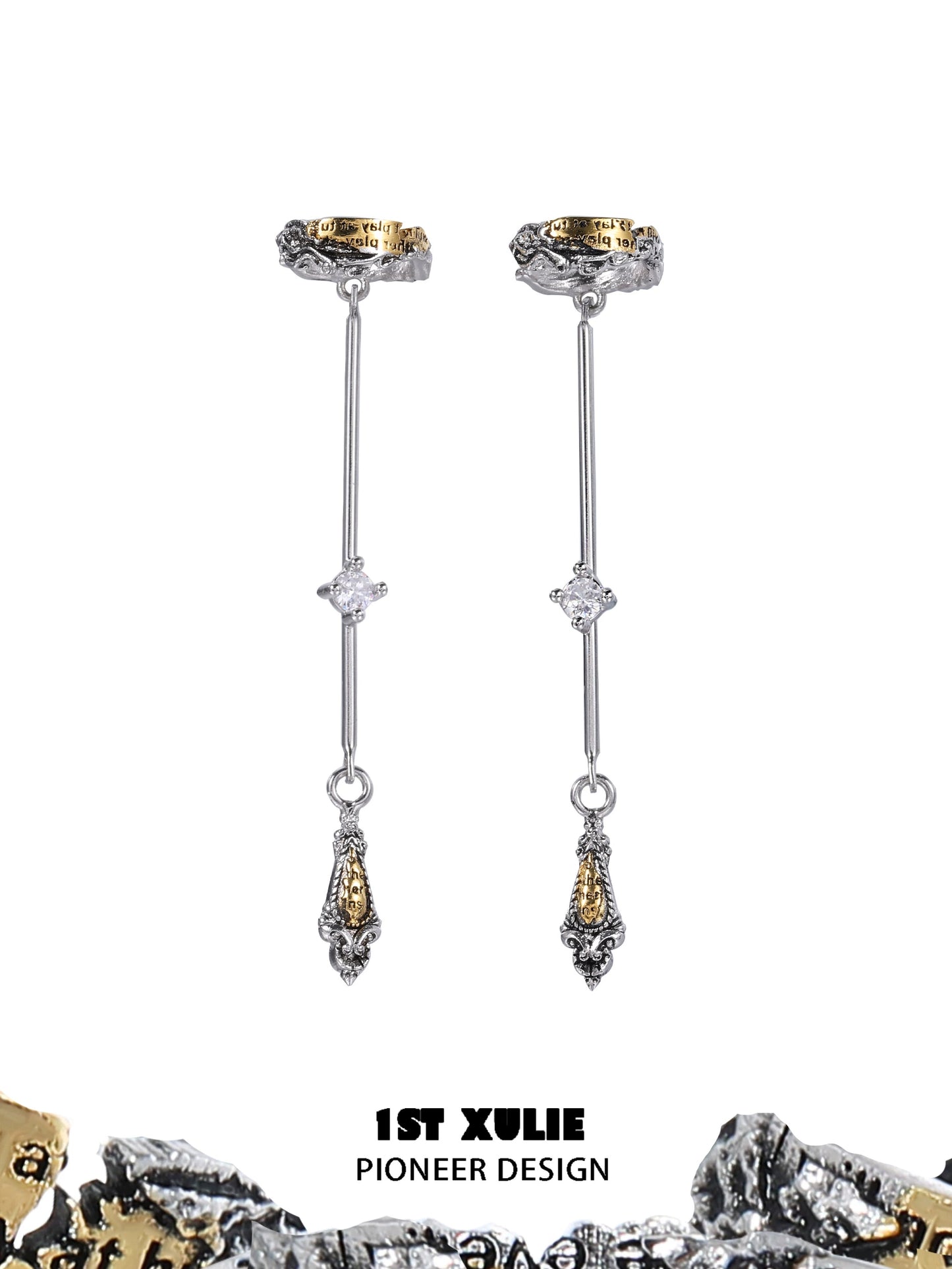 Elegant immortal love letter ear clips with silver and gold design, featuring sparkling crystals and intricate details