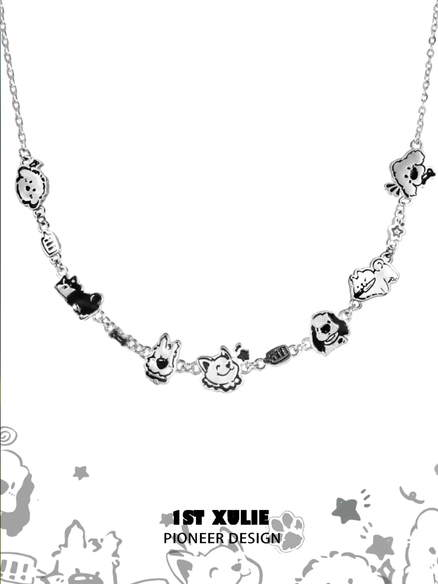 1STXULIE punk puppy necklace featuring playful animal charms on a silver chain