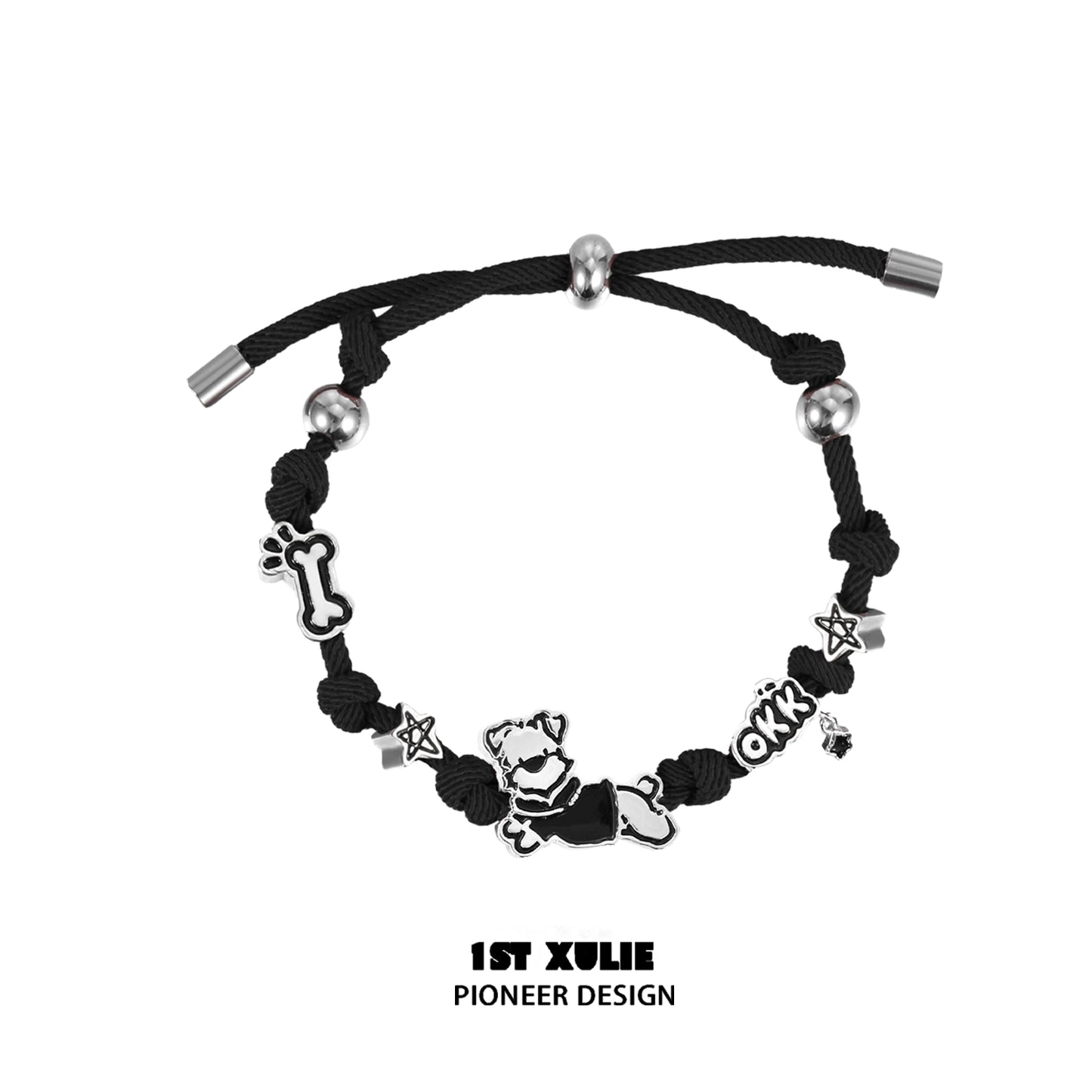 Black puppy couple braided bracelet with cute charms and adjustable closure from 1STXULIE