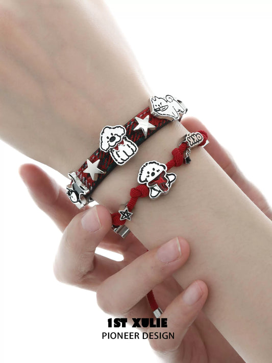 Puppy couple braided bracelet with colorful charms for stylish pet lovers