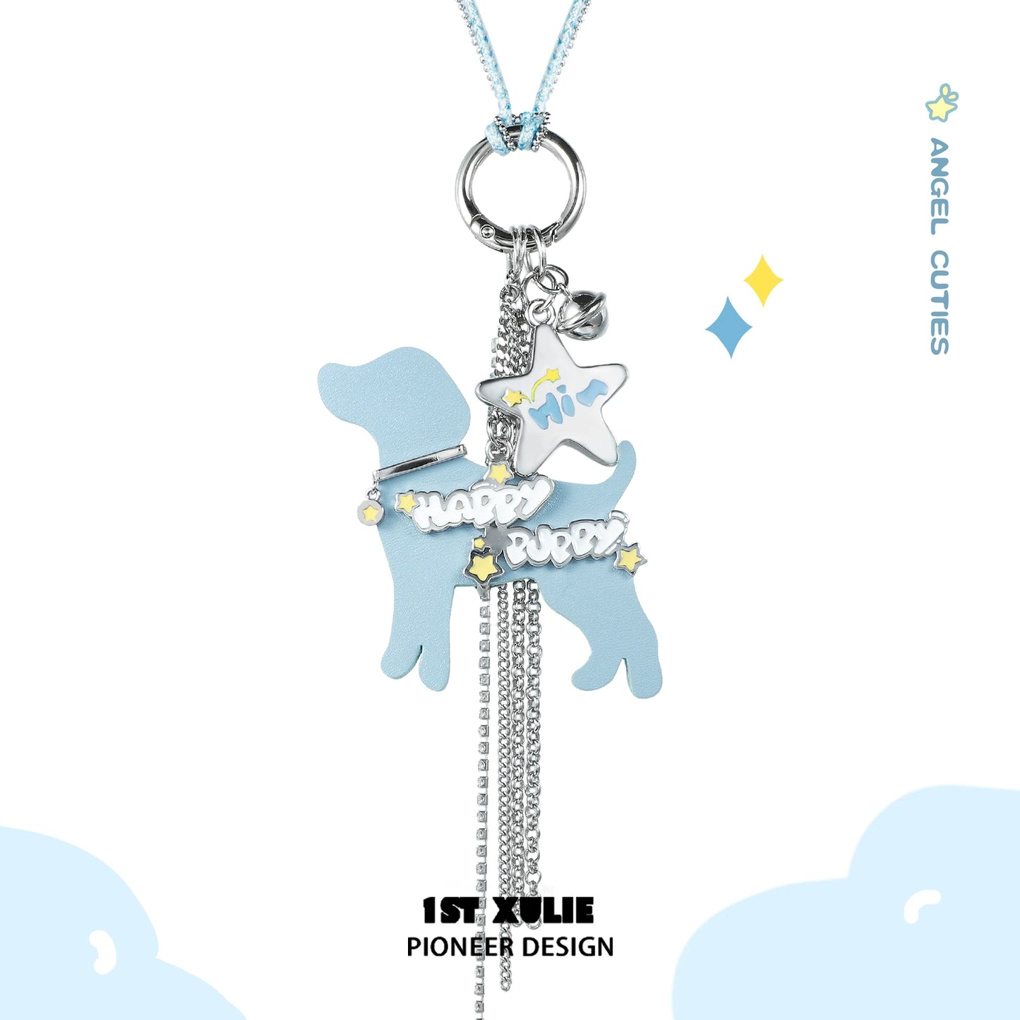 Cute puppy keychain necklace in blue with stars and a 'Happy Puppy' charm for dog lovers