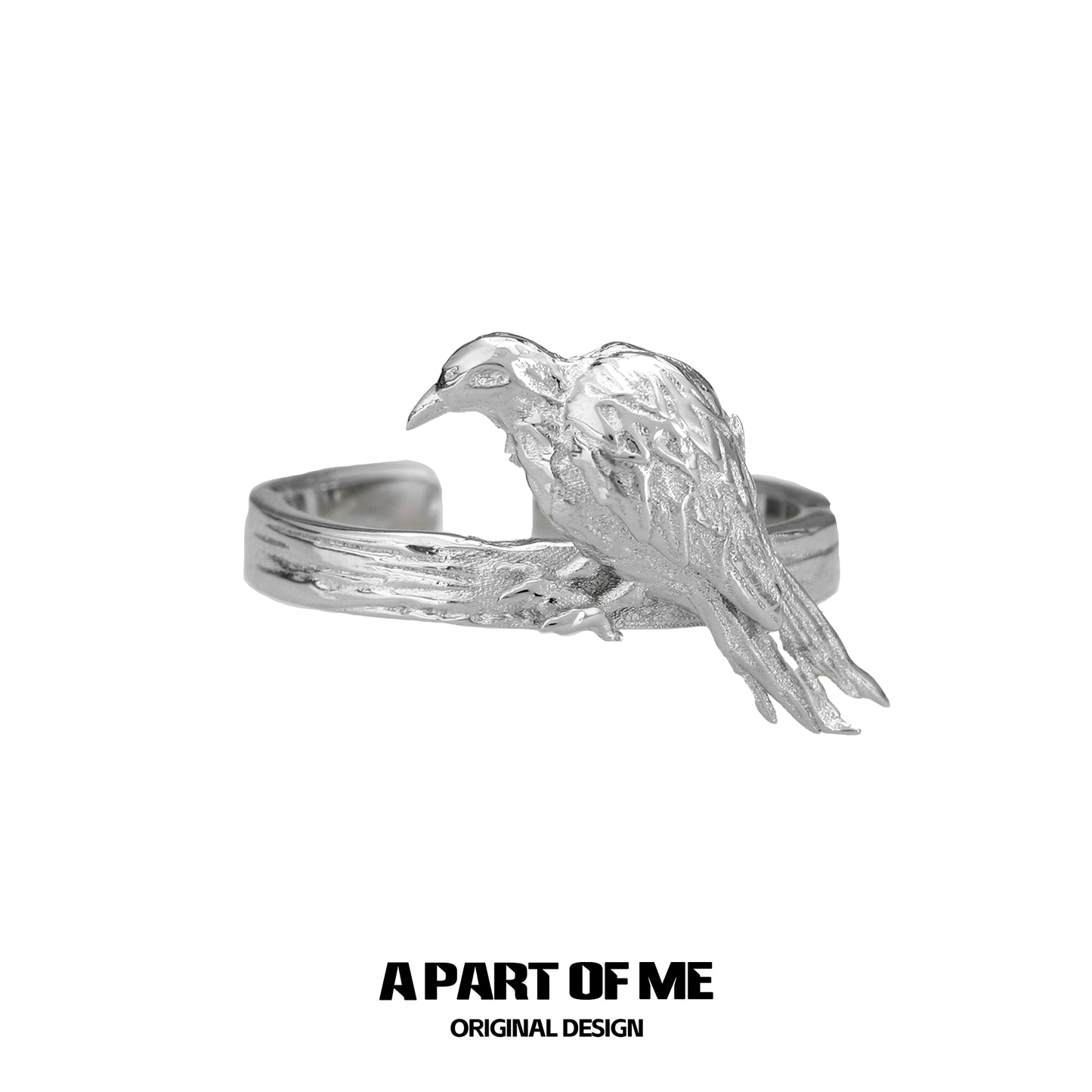 A PART OF ME silver raven gothic ring featuring a detailed raven design perched on a textured band
