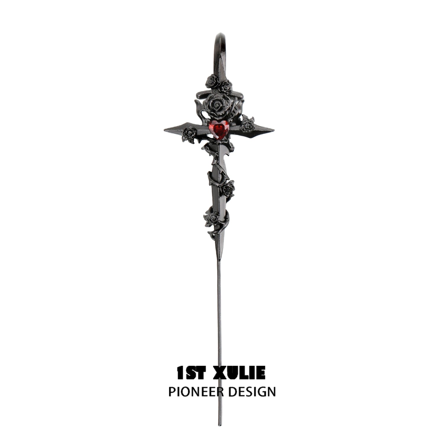 Rebel rose ear piercing needle with gothic design featuring roses and a red gemstone