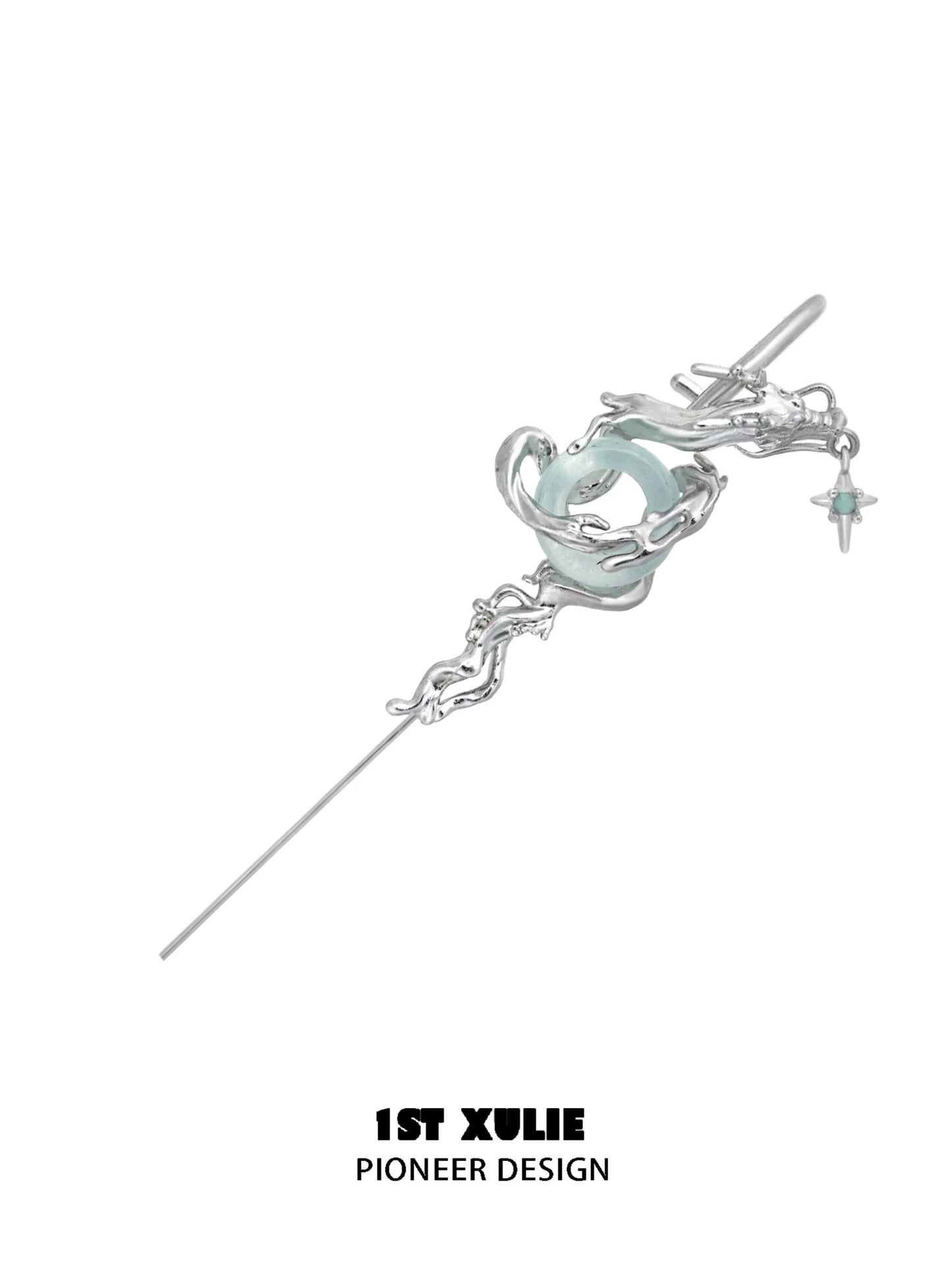 Unique silver dragon ear piercing with intricate design and a dangling charm from 1ST XULIE