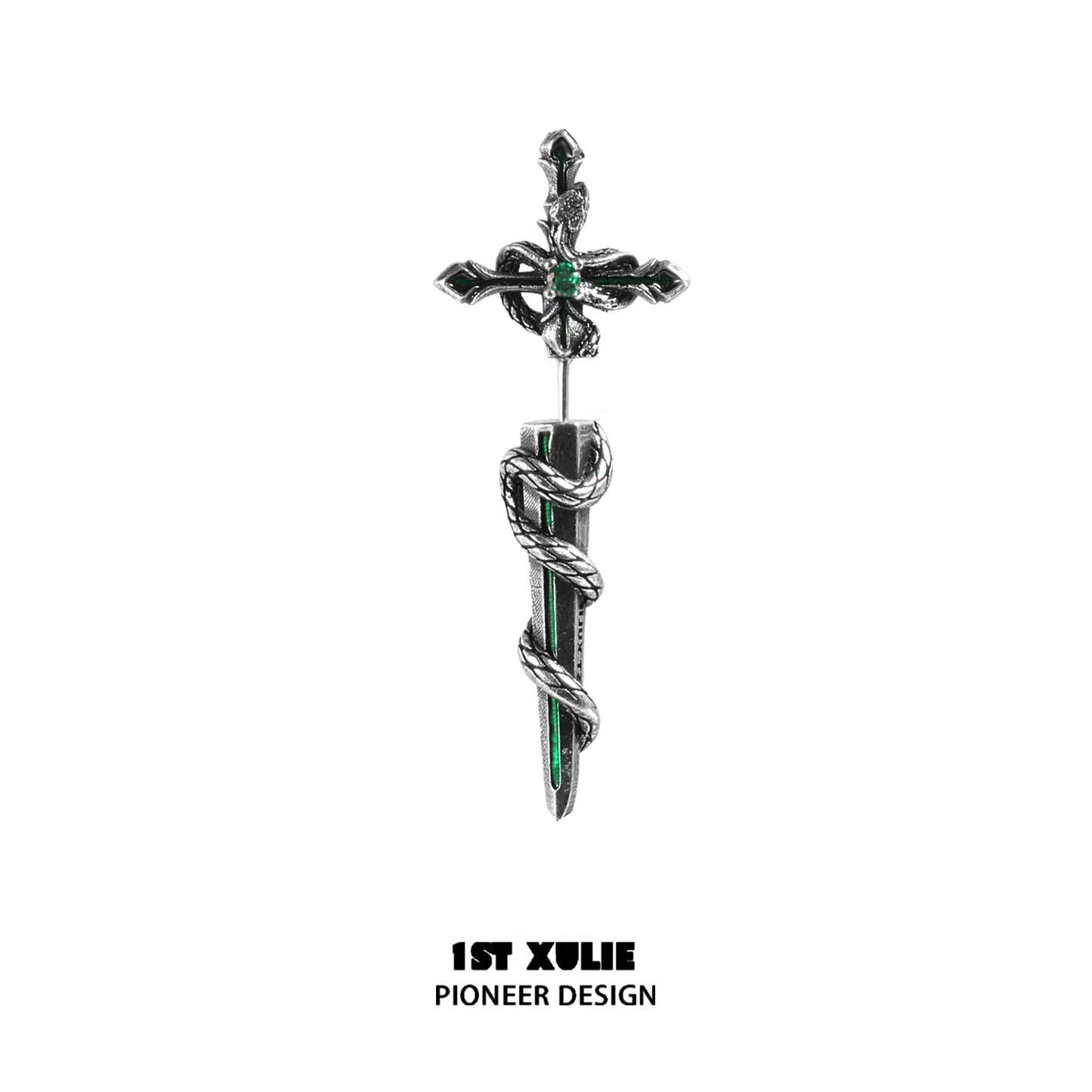 Slytherin snake earrings featuring a detailed snake design wrapped around a cross with green accents