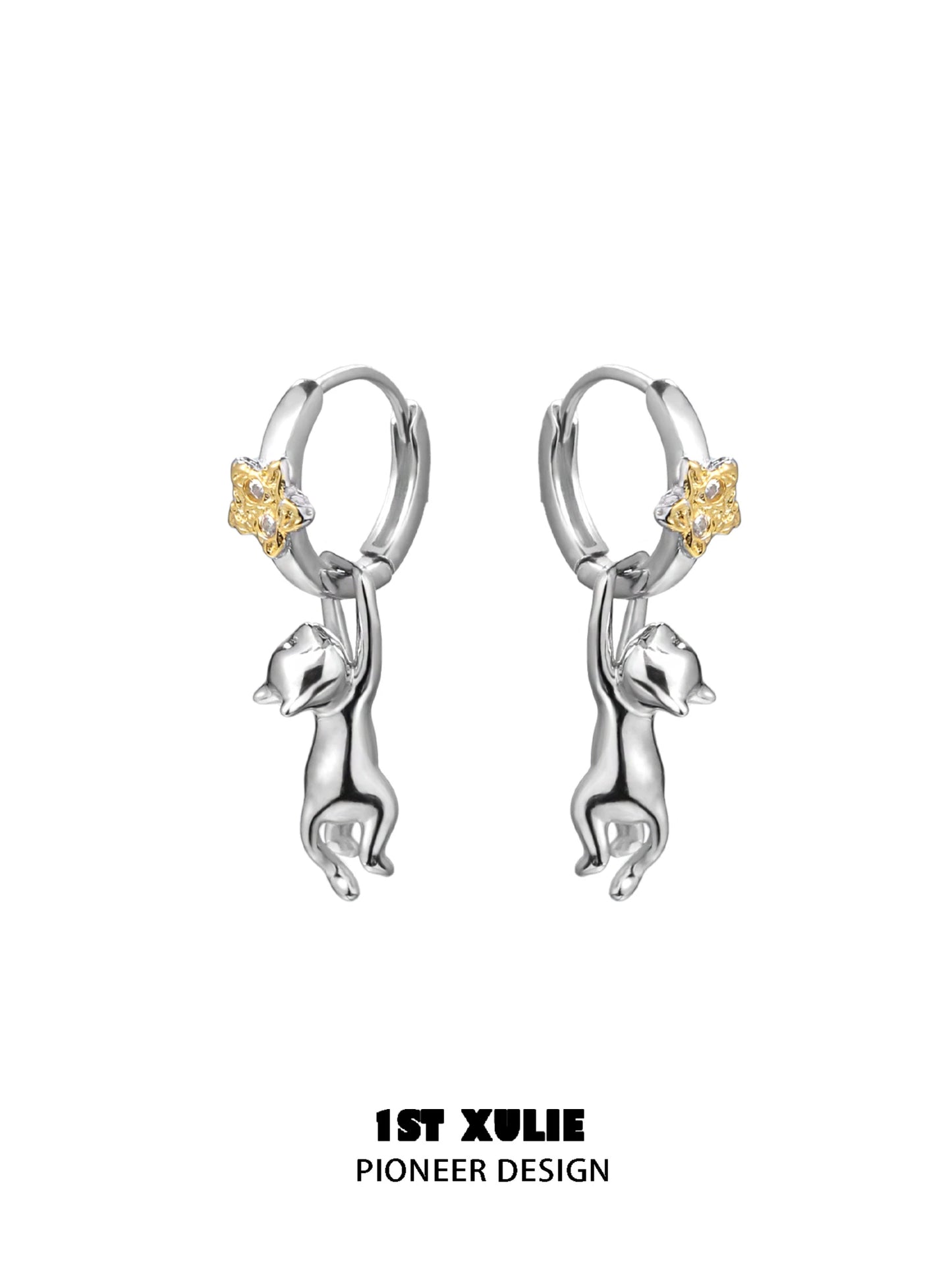 Starlit cat silver earrings with a playful cat design and yellow star accents