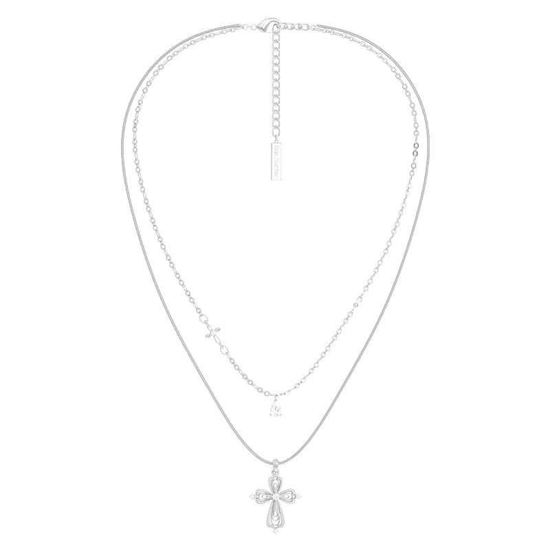 SUN HUNTER Teardrop Cross Necklace with Layered Chains and Elegant Pendant Design
