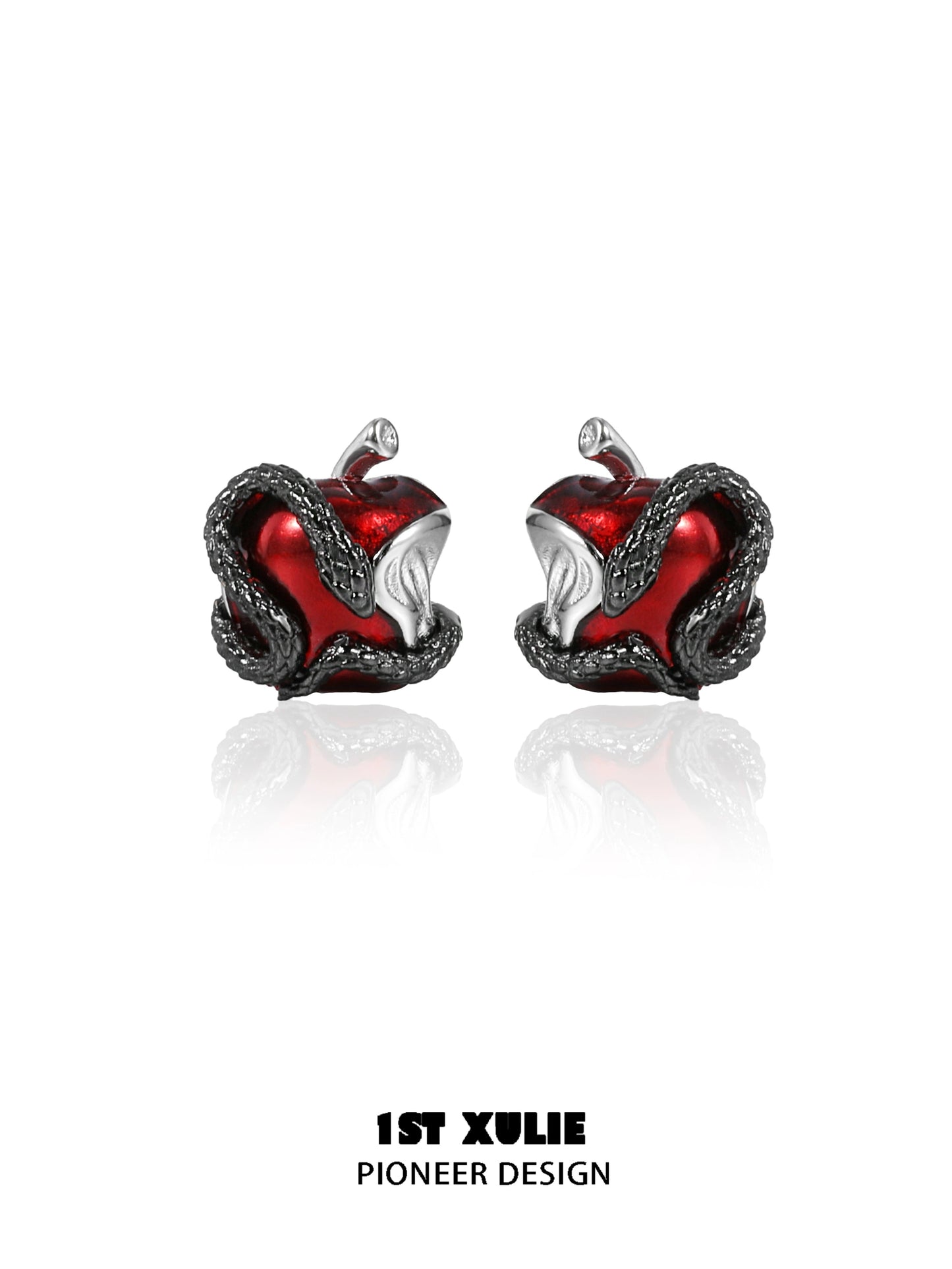 Wicked apple snake ear studs with red apple and serpent design for a bold statement