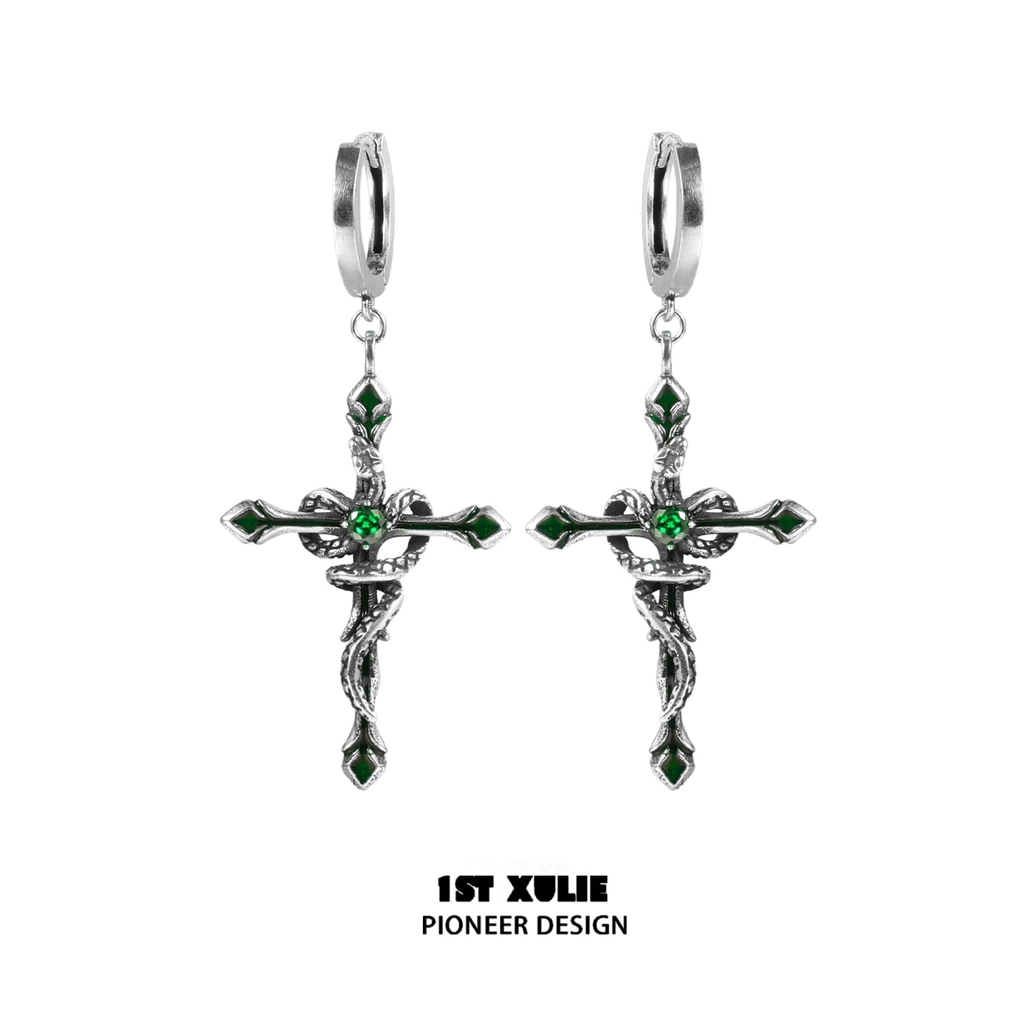 1ST XULIE Y2K gothic cross earrings with intricate design and green accents for stylish accessorizing