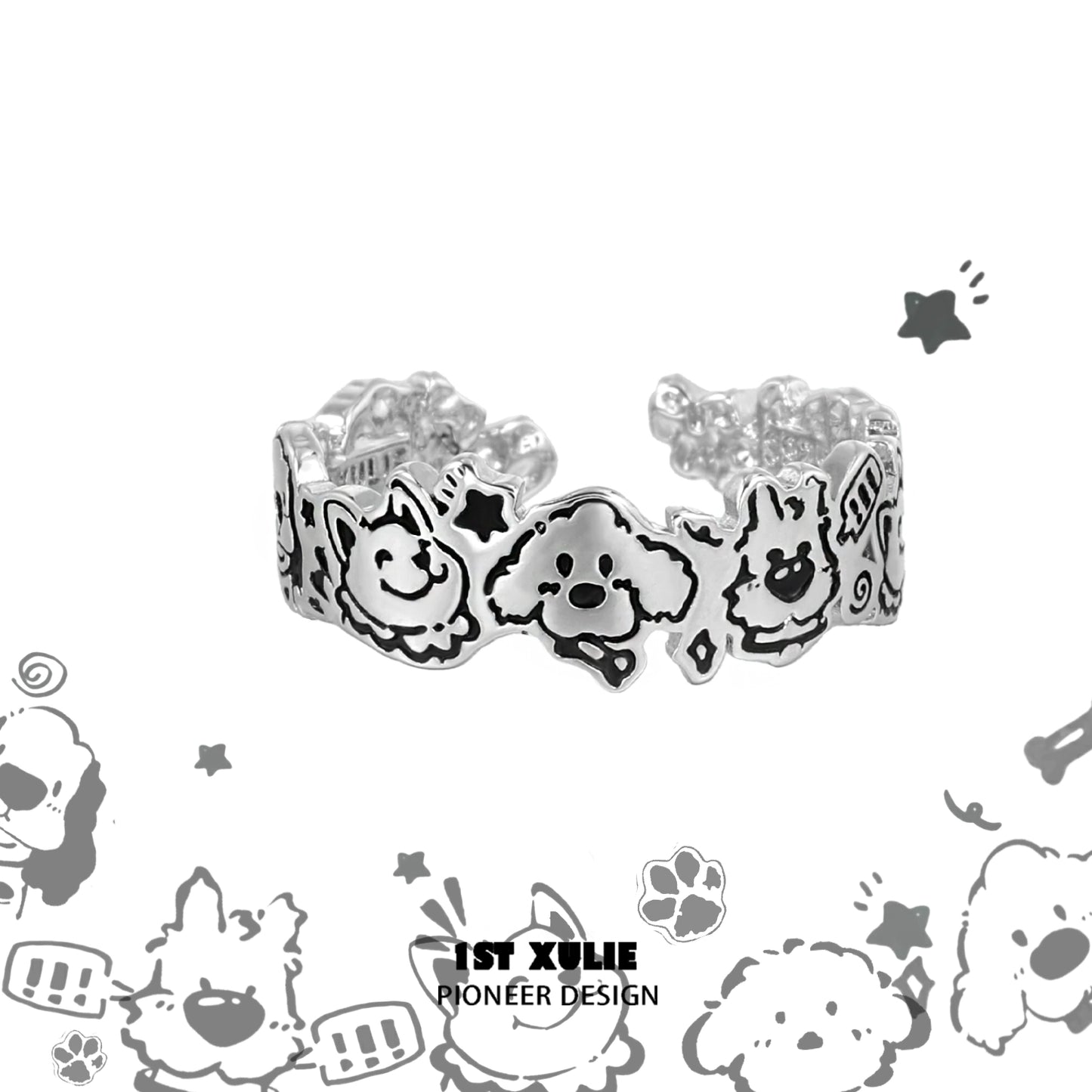 Y2K puppy silver ring featuring playful dog designs, adjustable for a comfortable fit