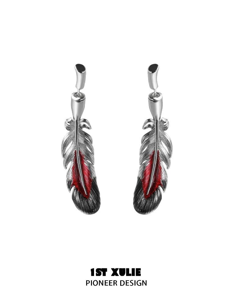 Y2K red feather earrings featuring silver accents and intricate detailing for a trendy look