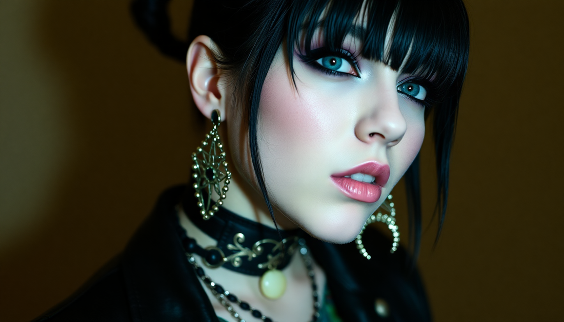 A girl wearing gothic earrings with with Y2K punk outfit and dark makeup