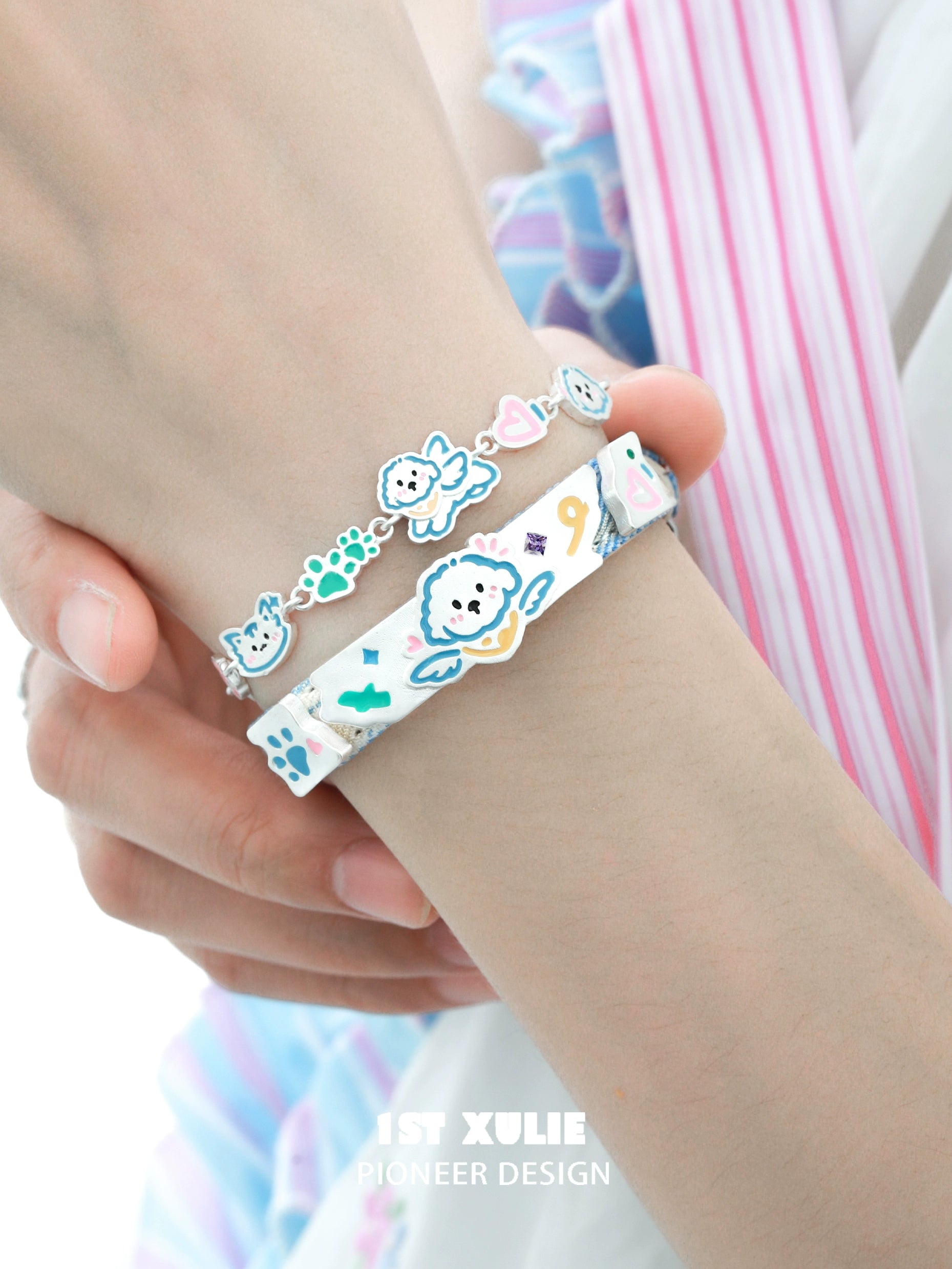 Colorful angel cat and puppy bracelet set featuring cute designs and playful patterns for pet lovers