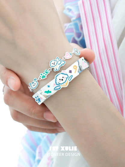 Colorful angel cat and puppy bracelet set with cute designs for playful pet lovers