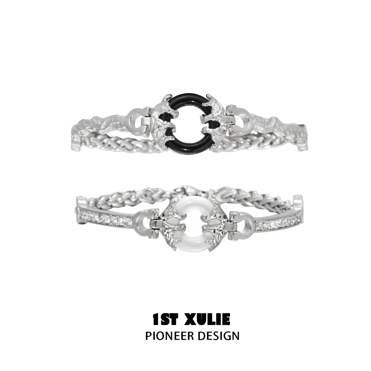 Stylish black and white couple bracelet featuring silver chains and a unique design