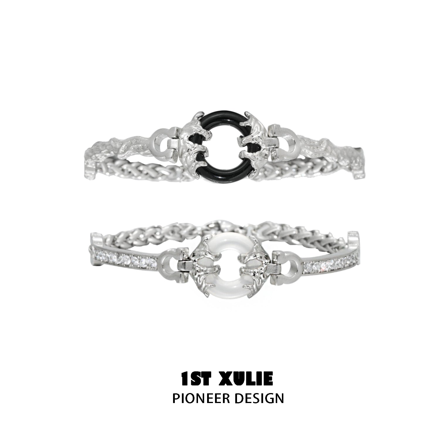 Stylish black and white couple bracelet featuring silver chains and a unique design