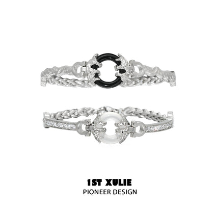 Stylish black and white couple bracelet featuring silver chains and a unique design