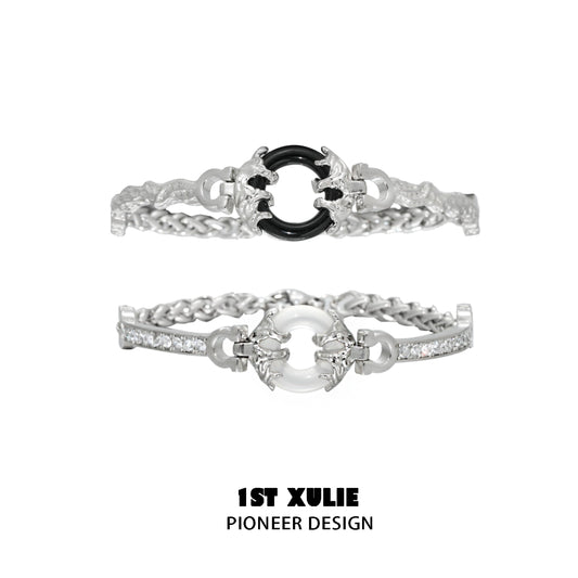 Stylish black and white couple bracelet featuring silver chains and a unique design