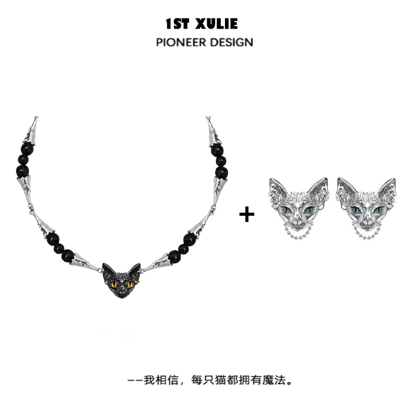 1ST XULIE Black Cat Necklace featuring a unique cat head design with black beads and stylish accents
