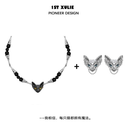 1ST XULIE Black Cat Necklace featuring a unique cat head design with black beads and stylish accents