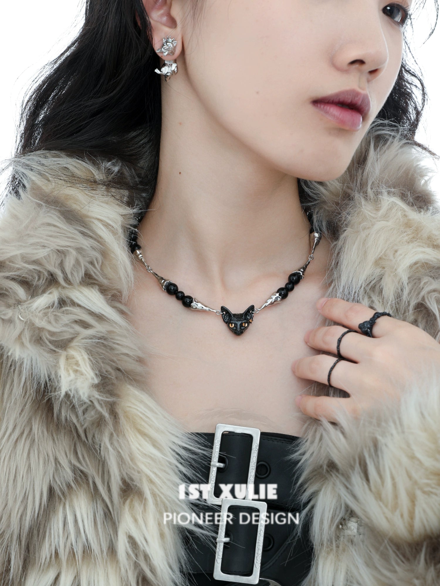 1STXULIE black cat necklace with black beads and a unique cat pendant, perfect for cat lovers