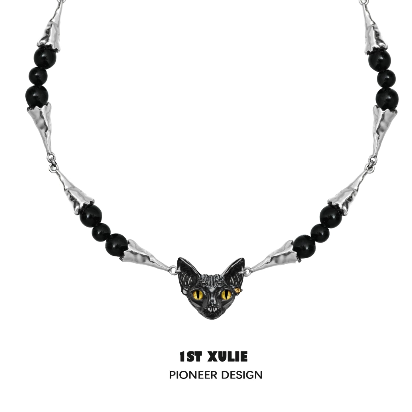 Black cat necklace featuring a decorative cat face pendant and black beads for cat lovers