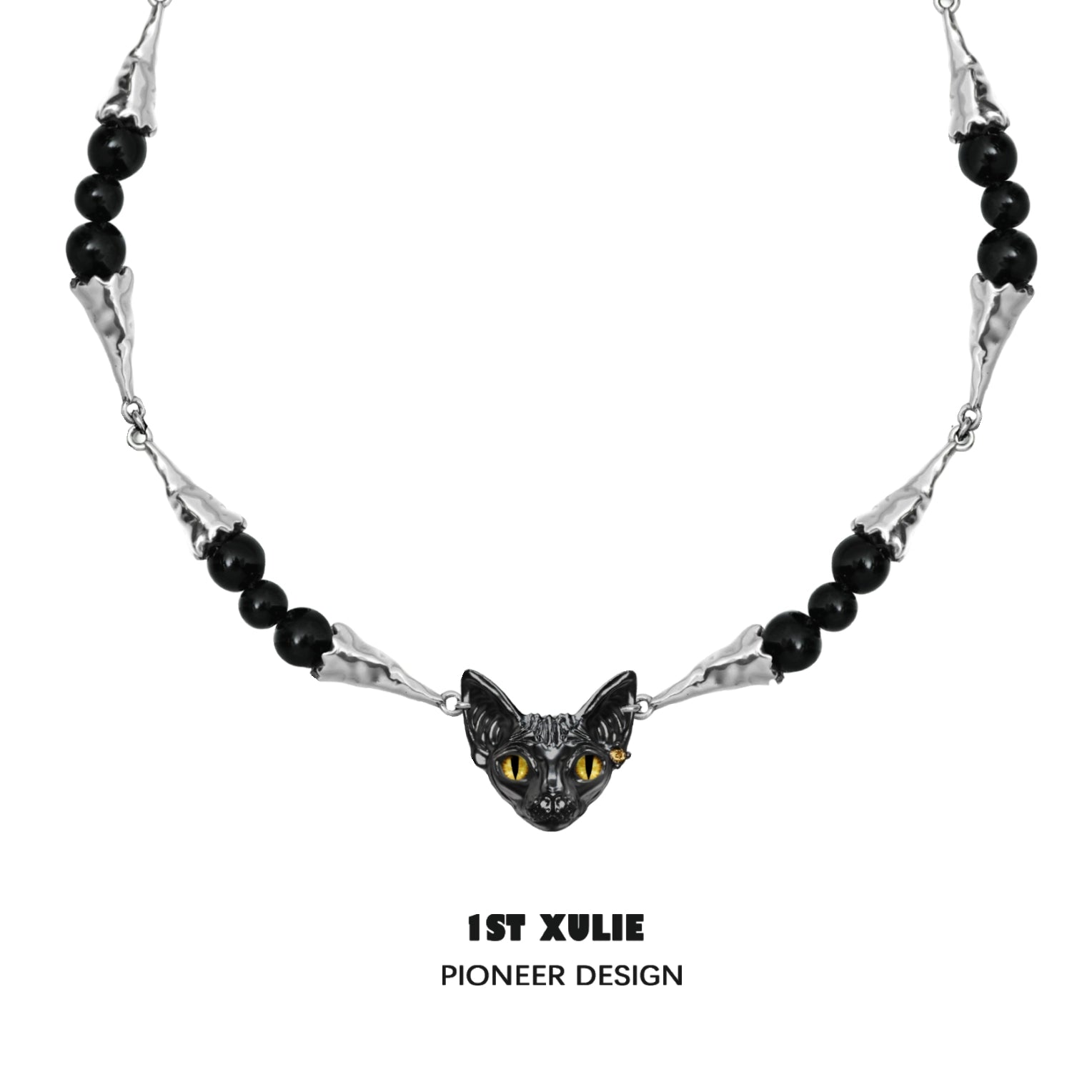 Black cat necklace featuring a decorative cat face pendant and black beads for cat lovers