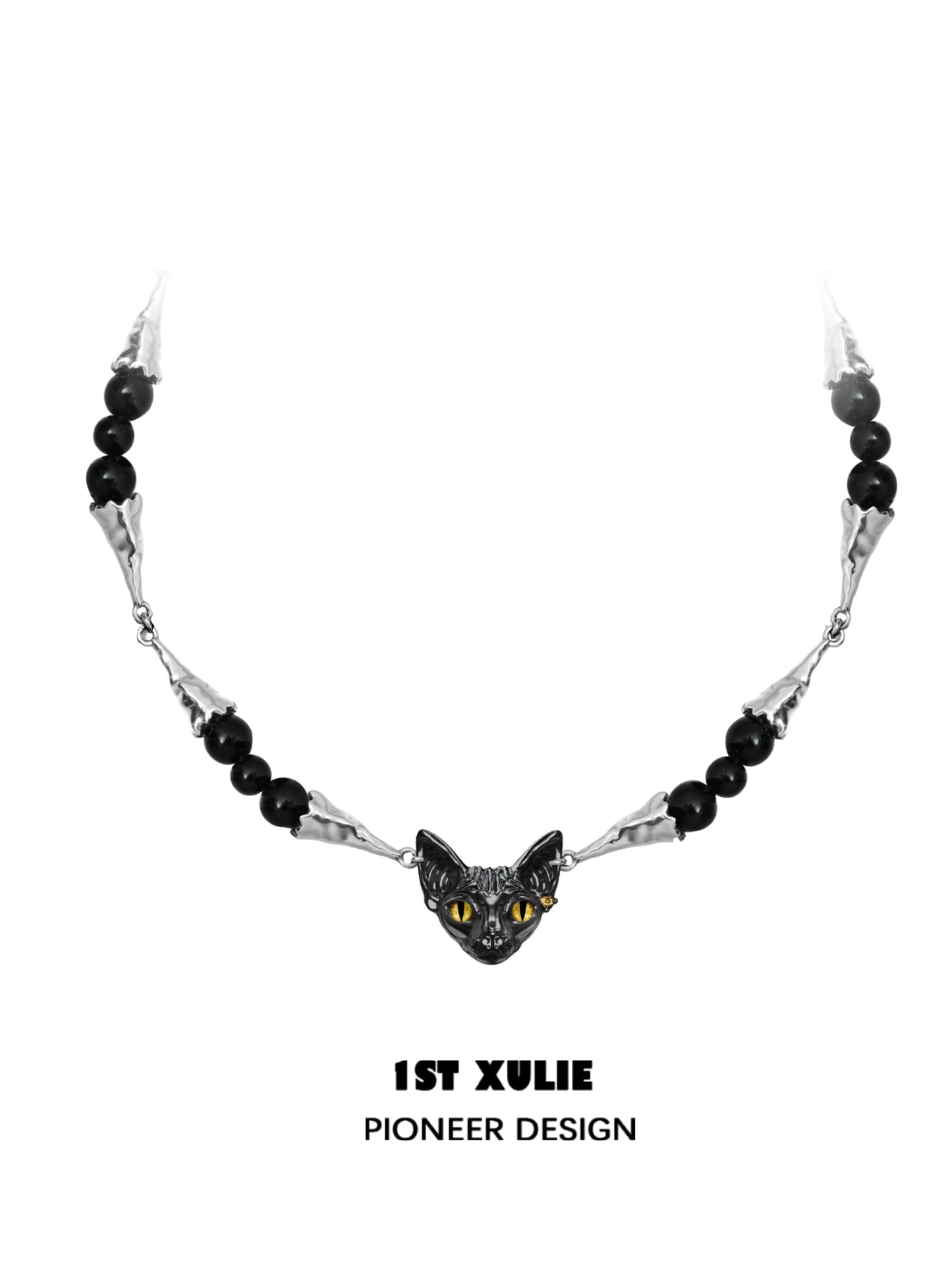 1STXULIE black cat necklace featuring a detailed cat head with yellow eyes and black beads