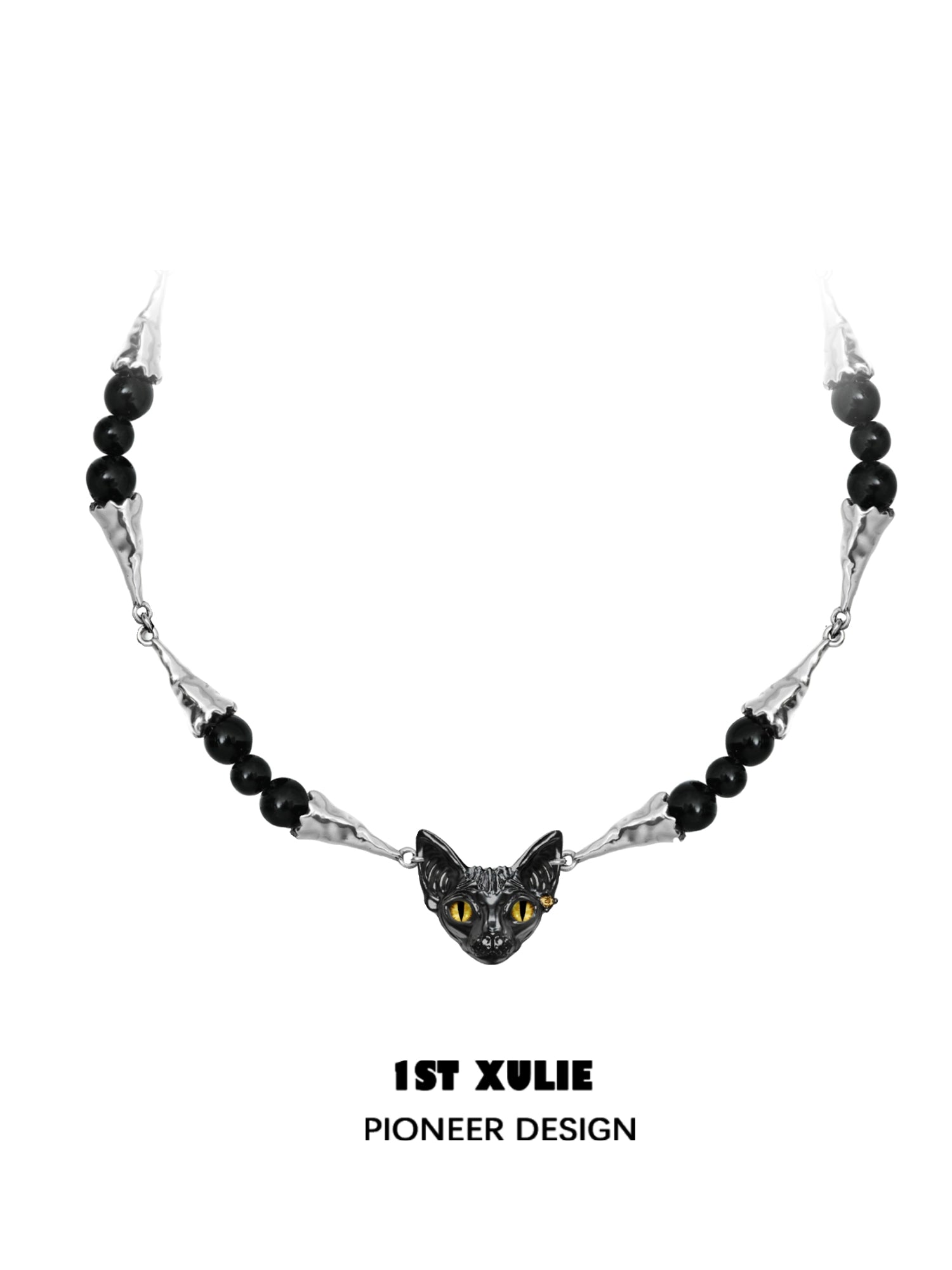 1STXULIE black cat necklace featuring a detailed cat head with yellow eyes and black beads