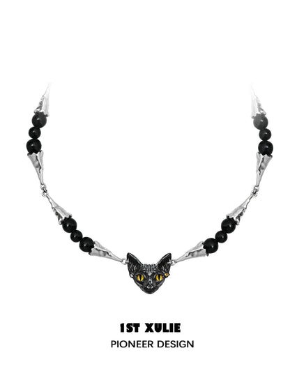 1STXULIE black cat necklace featuring a detailed cat head with yellow eyes and black beads