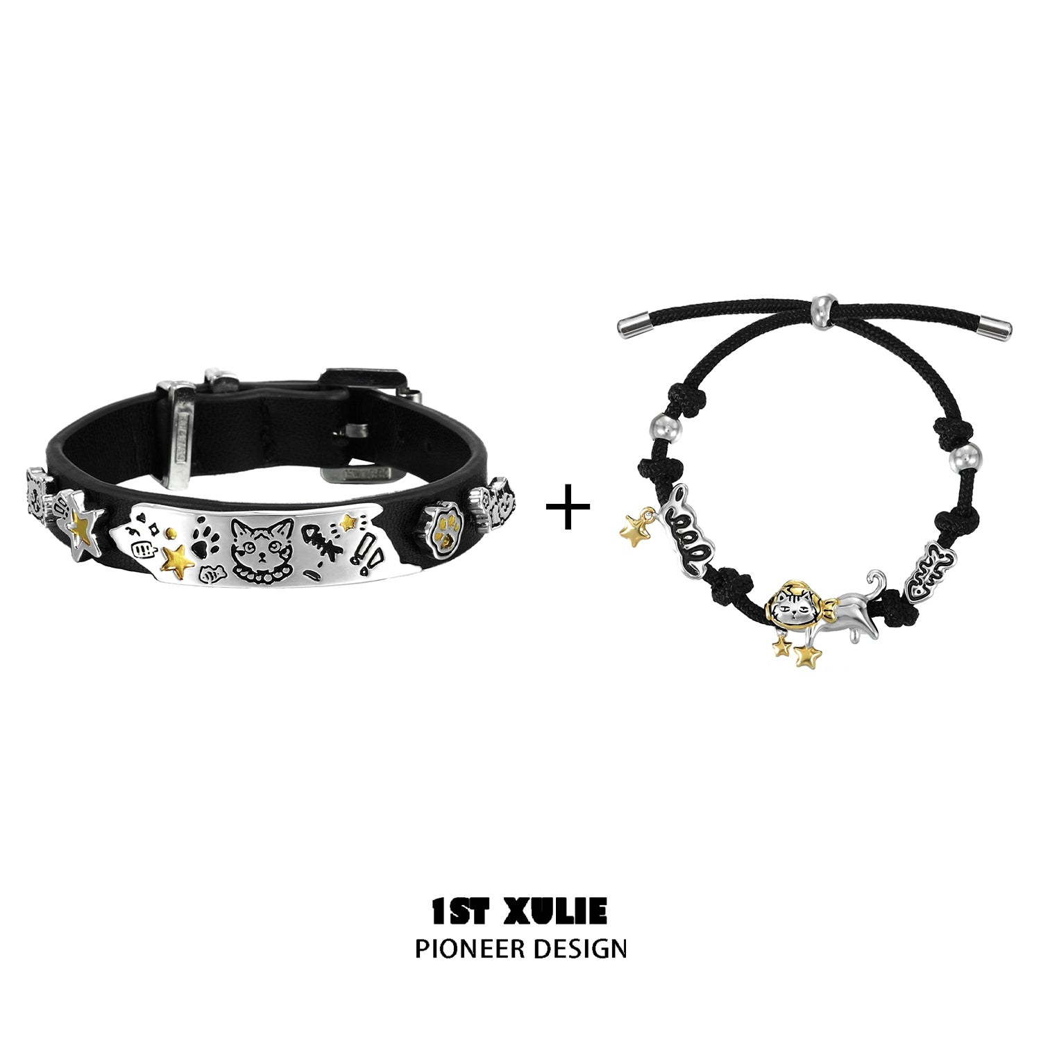 Stylish black kitty leather bracelet featuring cute cat charms and silver accents