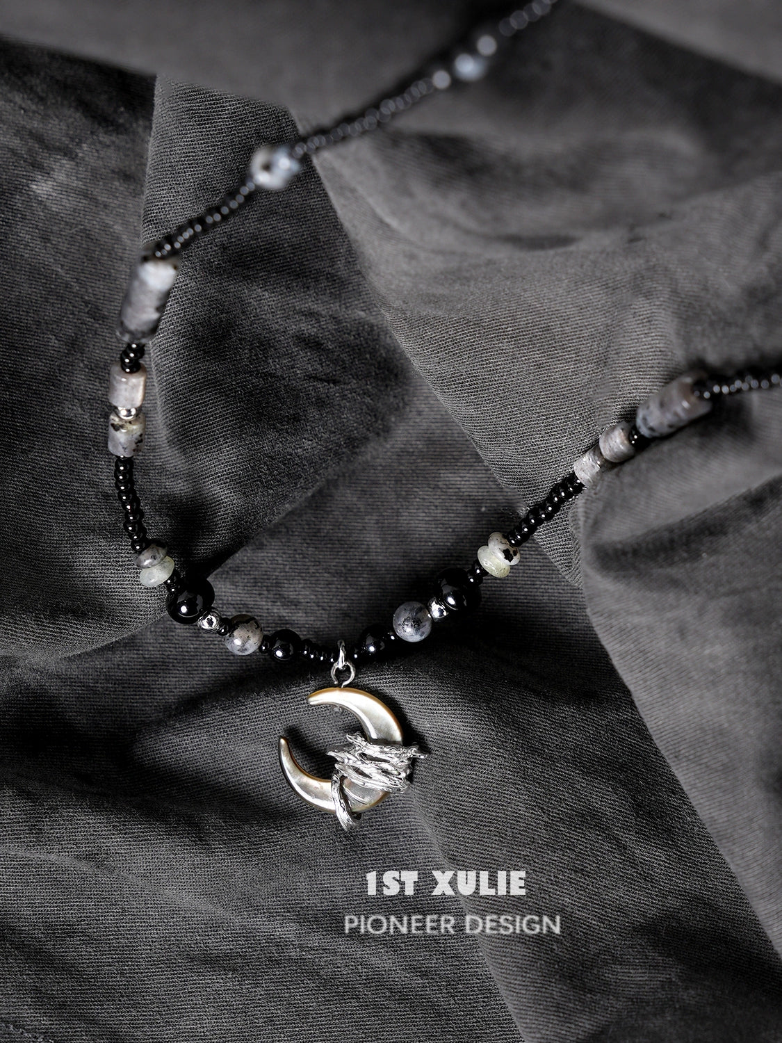 1ST XULIE Black Moon Agate Necklace with Unique Silver Crescent Moon Pendant