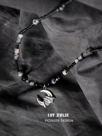 1ST XULIE Black Moon Agate Necklace with Unique Silver Crescent Moon Pendant