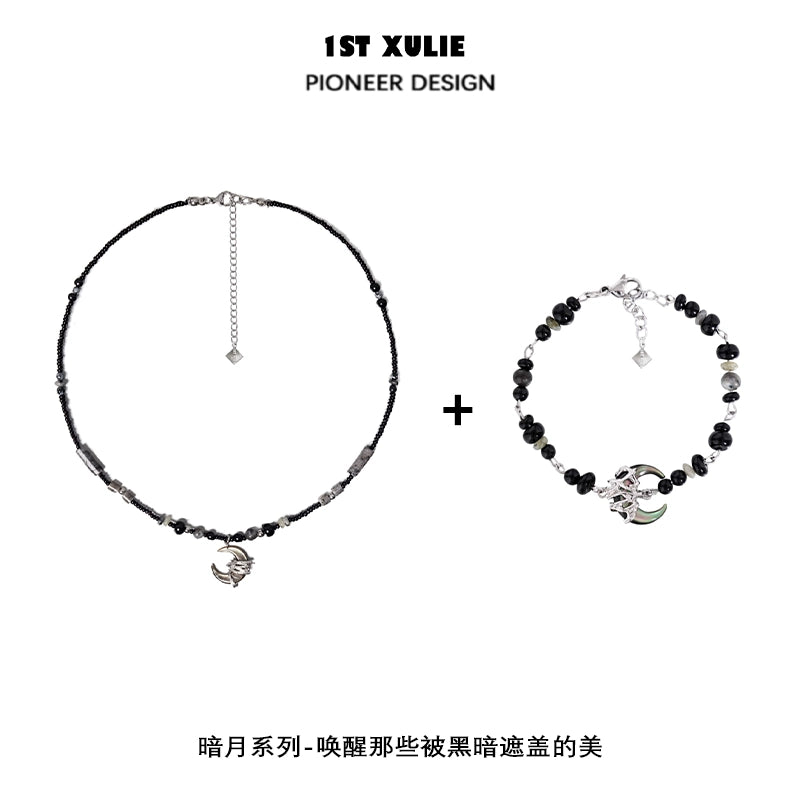 1ST XULIE black moon agate necklace featuring elegant beads and a crescent moon charm