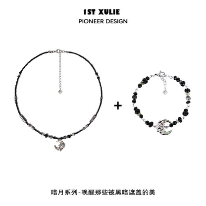 1ST XULIE black moon agate necklace featuring elegant beads and a crescent moon charm