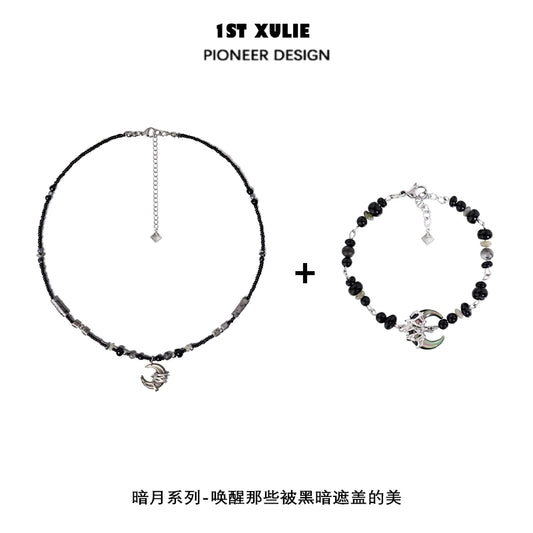 1ST XULIE black moon agate necklace featuring elegant beads and a crescent moon charm