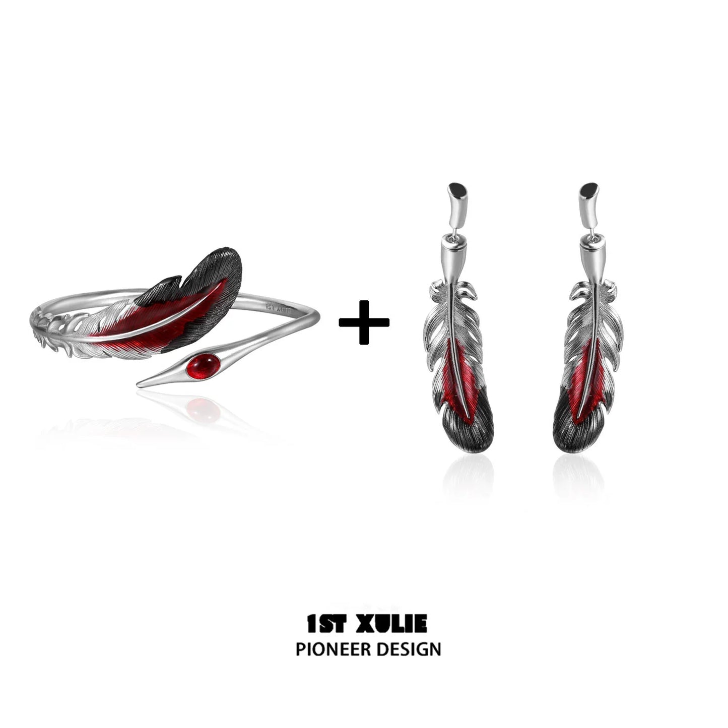 1ST XULIE Bloody Feather Bracelet and Earrings Set with Silver and Red Design