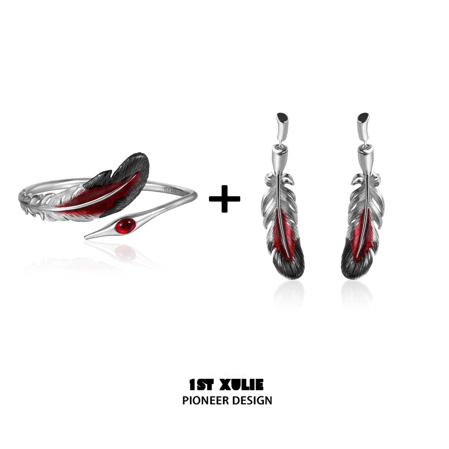 1ST XULIE Bloody Feather Bracelet and Earrings Set with Silver and Red Design
