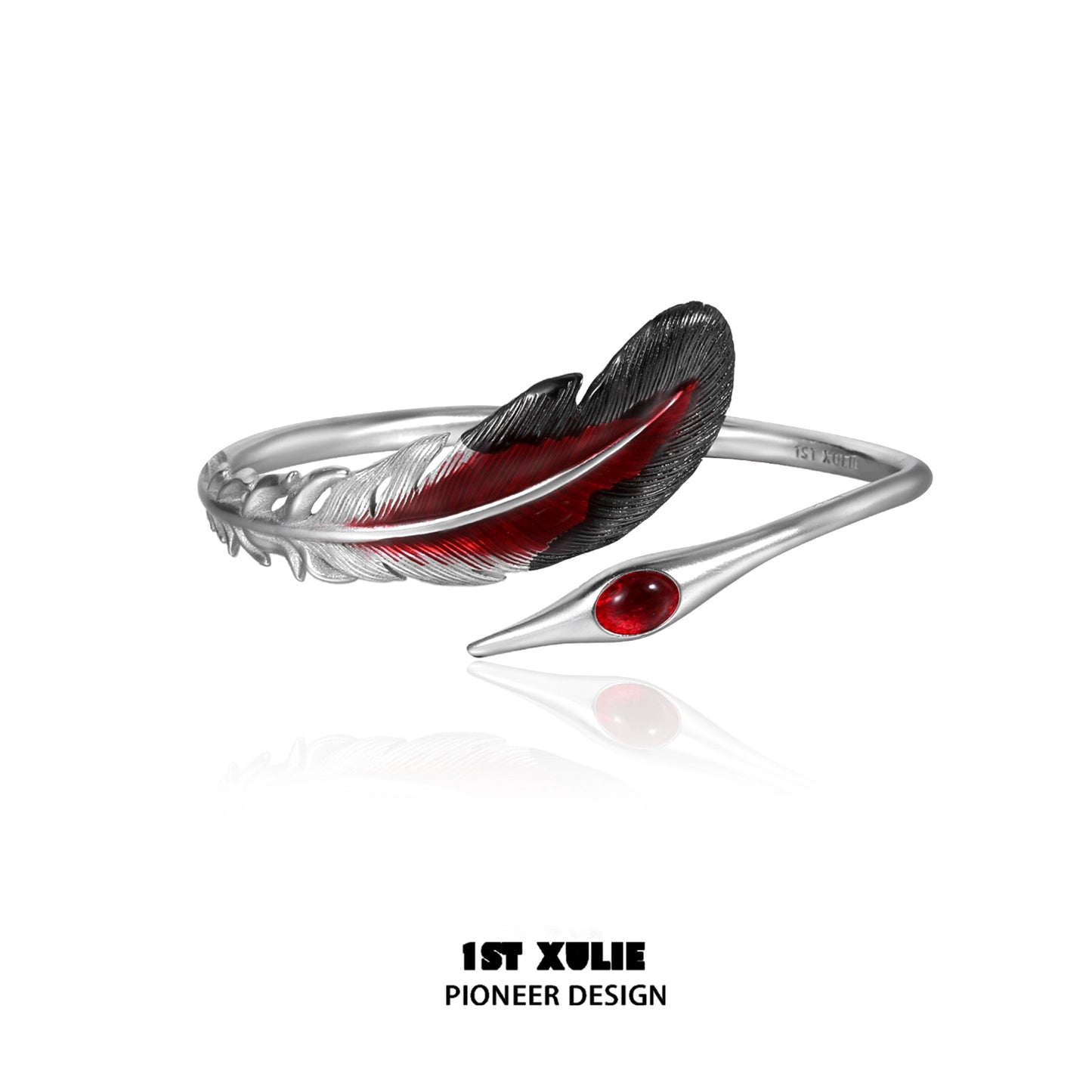 Stylish bloody feather bracelet featuring red and black design with a sleek silver finish