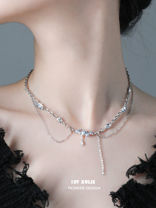 Elegant layered silver necklace featuring blue fringe zircon necklace for a stylish look