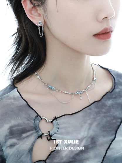 Stylish blue fringe zircon necklace paired with matching earrings for a trendy look