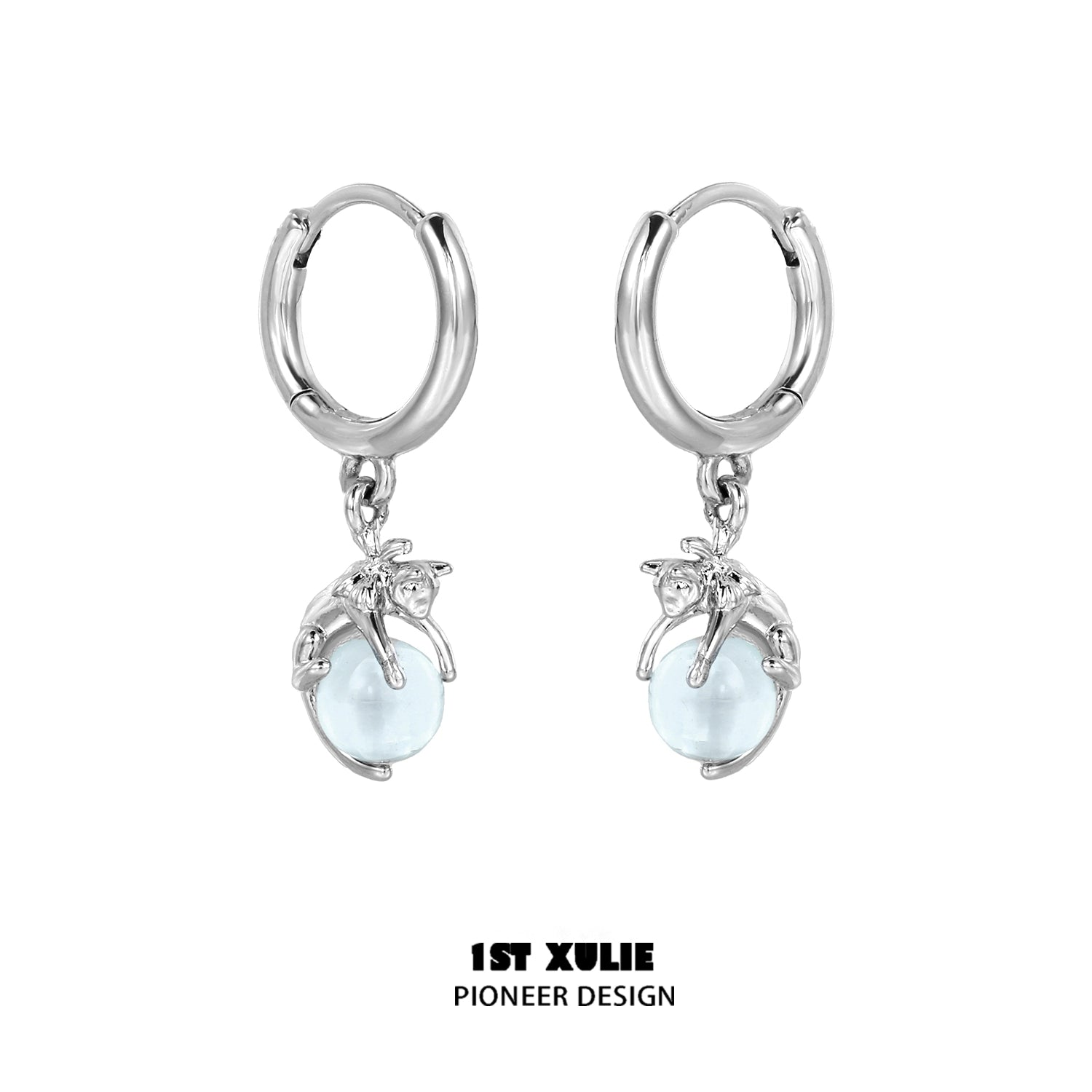 Silver Blue Kitten Hoop Earrings with Cute Cat Charm and Light Blue Bead