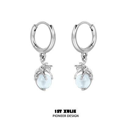 Silver Blue Kitten Hoop Earrings with Cute Cat Charm and Light Blue Bead