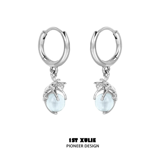 Silver Blue Kitten Hoop Earrings with Cute Cat Charm and Light Blue Bead