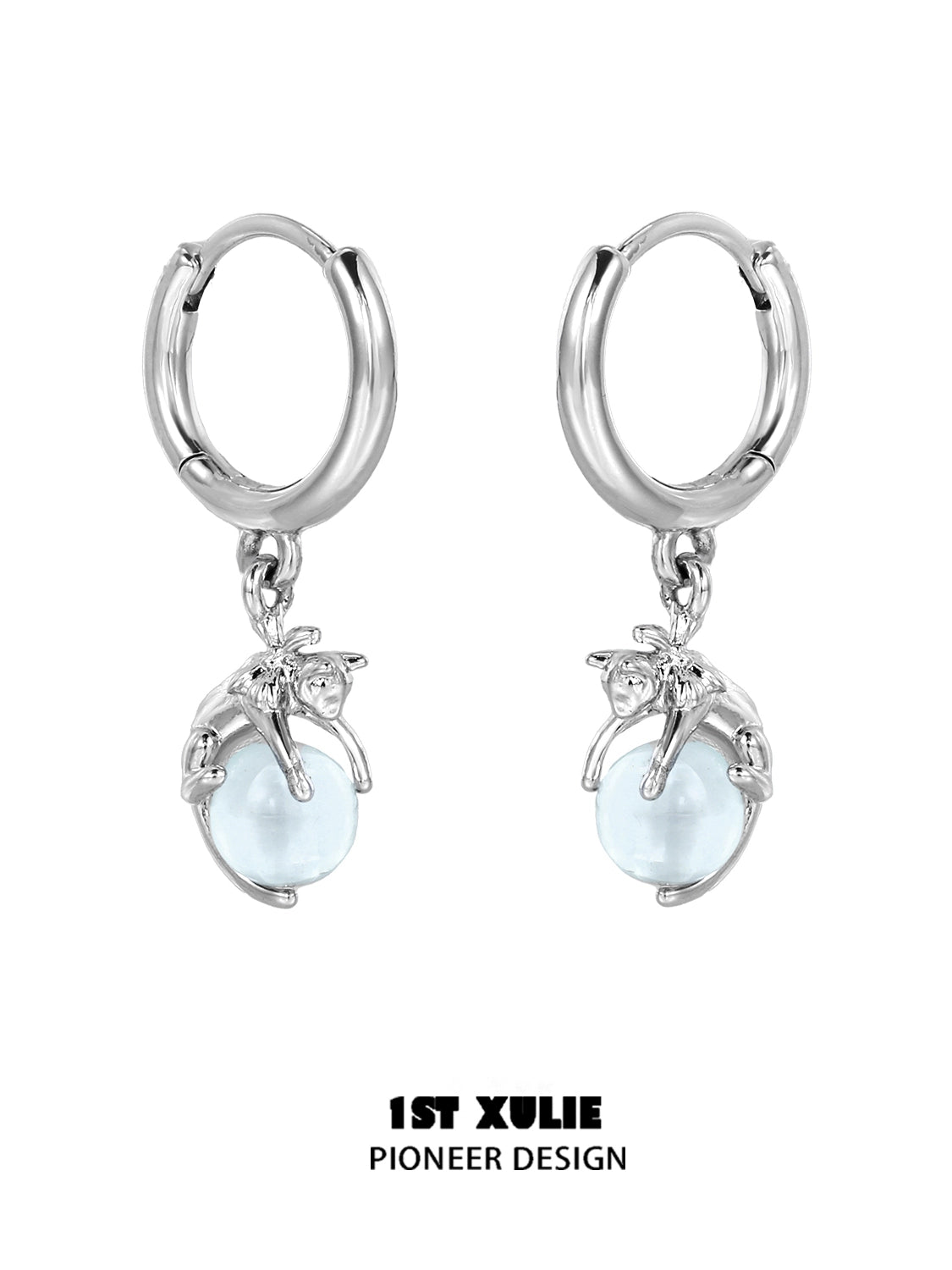 Silver blue kitten hoop earrings featuring playful kitten design and light blue beads