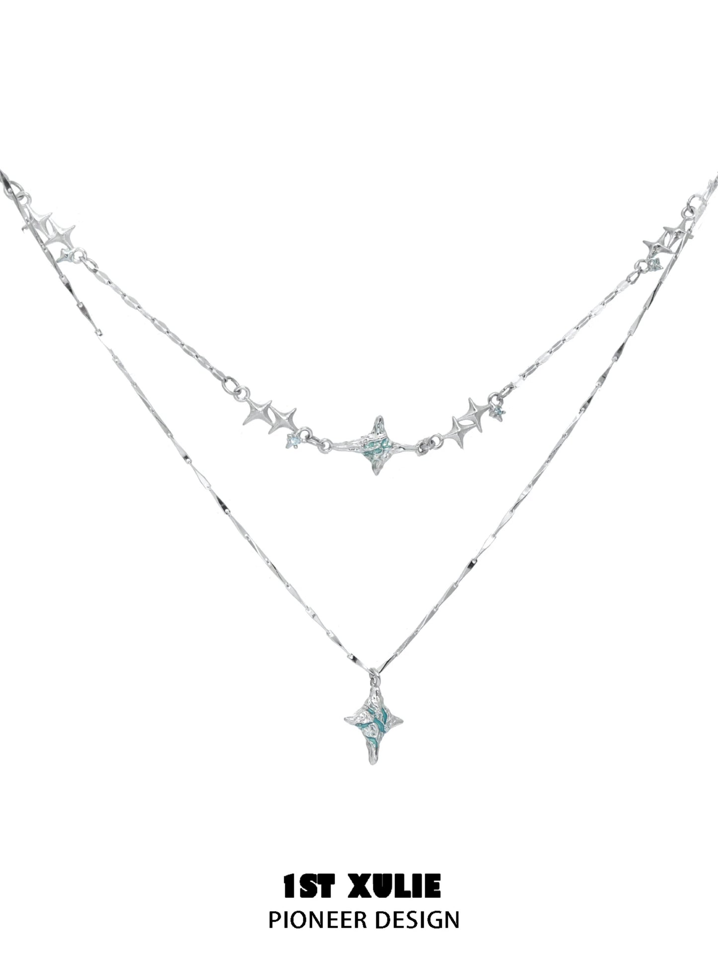 Elegant blue starry sky necklace featuring layered design with star charms and sparkling accents
